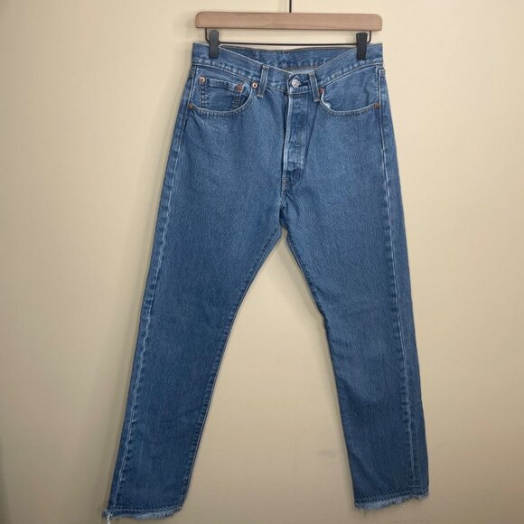 Levis‎ 501 Mens Cotton Straight Leg Jeans Size 32 X 36 Button Fly Raw Hem - Picture 1 of 11